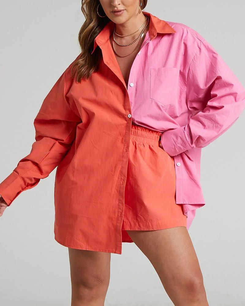 Casual Two Piece Colorblock Shirt & Shorts