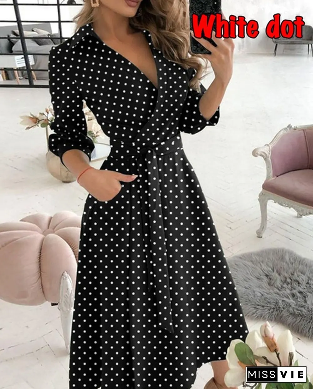 Fashion V-Neck Print Dress-SummerCasualBeltLacePartyLinePromLongSleeveLadiesTunic