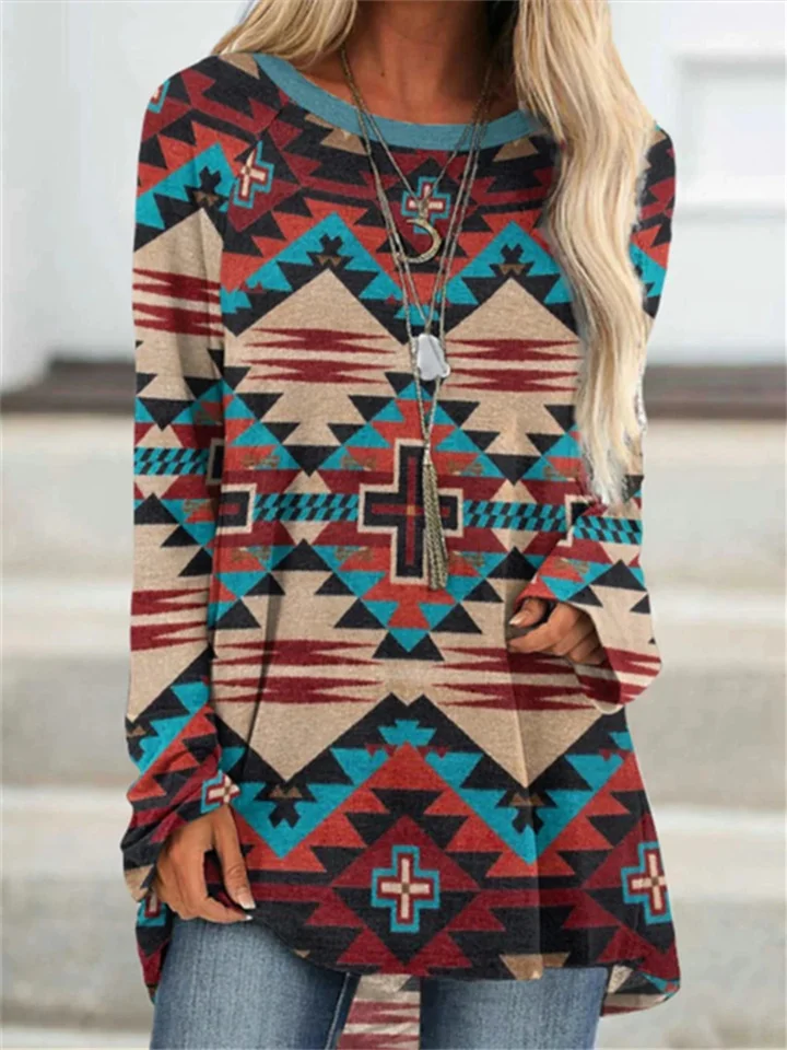 Women's Tunic Marron Green Blue Geometric Plaid Print Long Sleeve Casual Vintage Boho Ethnic Round Neck Long Bohemian Theme Geometric S | 168DEAL