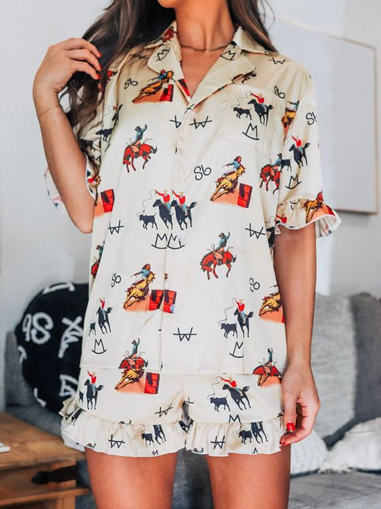 Western Casual Cowgirl  Print Silk Short Sleeves Pajama Set