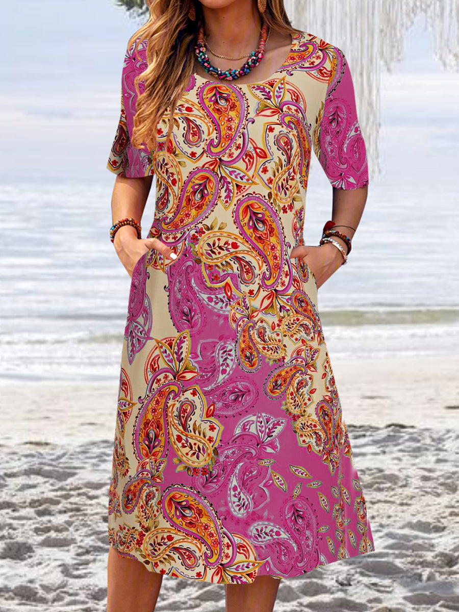 Women Casual Short Sleeve Scoop Neck Floral Printed Midi Dress