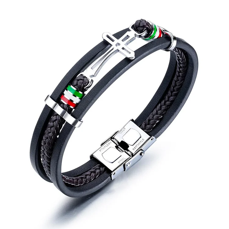 Men Leather Bracelet Stracked with Cross Charm Gifts for Him