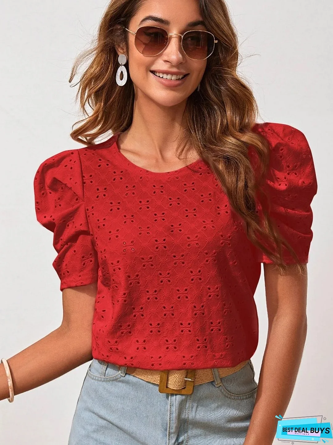 Eyelet Round Neck Puff Sleeve Blouse