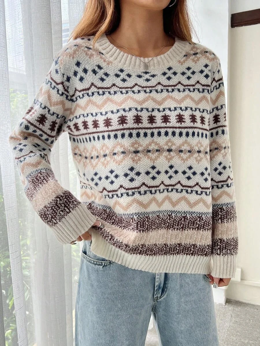 Nigikala Nigikala 2025 New Fair Island Round Collage Loose T-Freuffed Long-Sleeved Sweater Girl