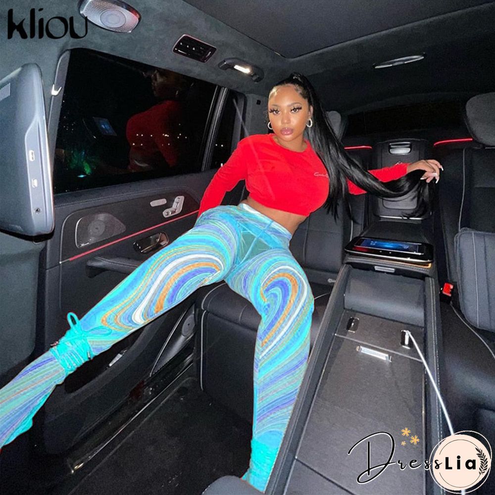Kliou Mesh Print Foot Pants Women Medium Waist Skinny Body-Shaping Leggings Fashion Sexy High Street Female Trousers Hot