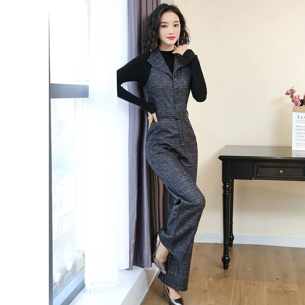 Women Jumpsuits Woolen Winter One Piece Jumpsuits Wide Leg Pants Lady Rompers Turn-down Neck Plaid Belted Loose Woman Overalls