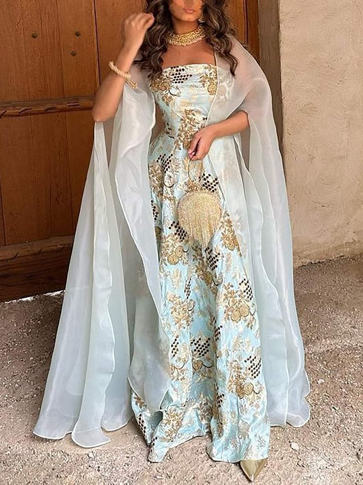 Mesh Embroidered Satin Dress and Outer Two-Piece Set