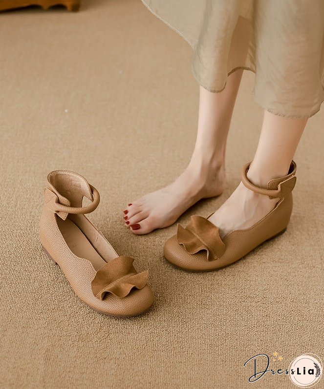 Khaki Ruffled Cowhide Leather Stylish Splicing Flats Buckle Strap