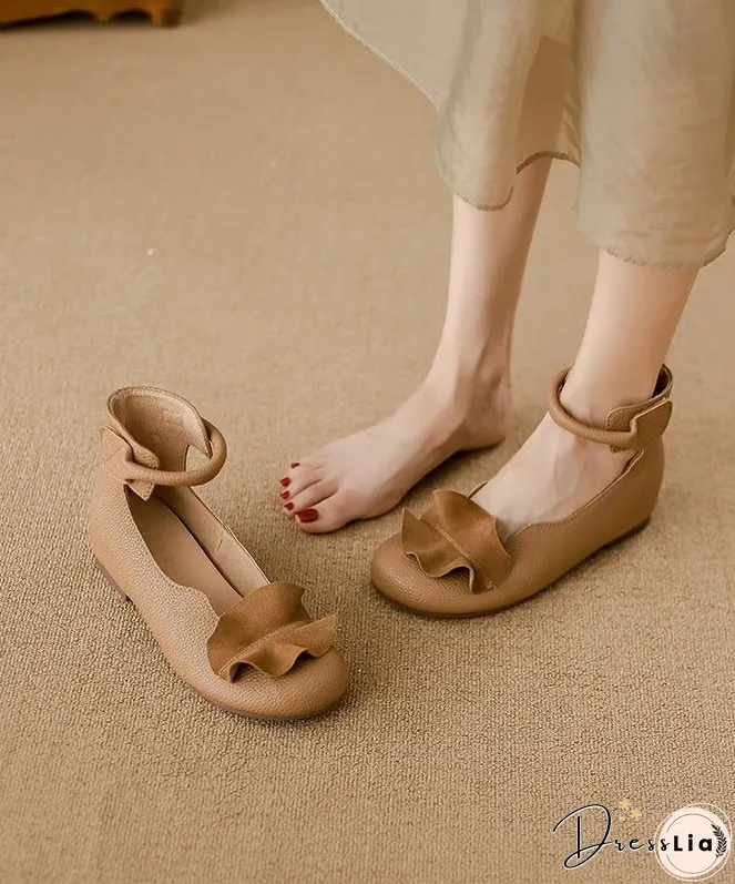 Khaki Ruffled Cowhide Leather Stylish Splicing Flats Buckle Strap
