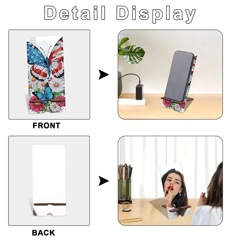 2-Pack Acrylic US Flag Butterfly Skull Diamond Art Phone Stand And Mirror