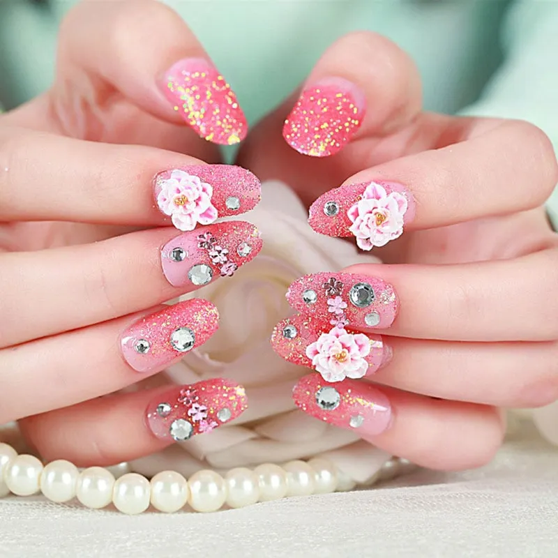 24pcs Lots wedding nail decoration Fake Nails Sweet Pink Shiny Crystal Glitter Flower Designs Press on False Nail Tip faux ongle-Nail Inspo