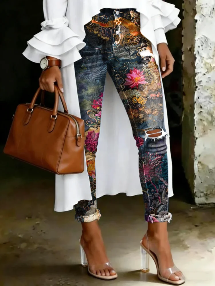 Women's Vintage Floral Totem Print Casual High-waisted Ripped Skinny Jeans
