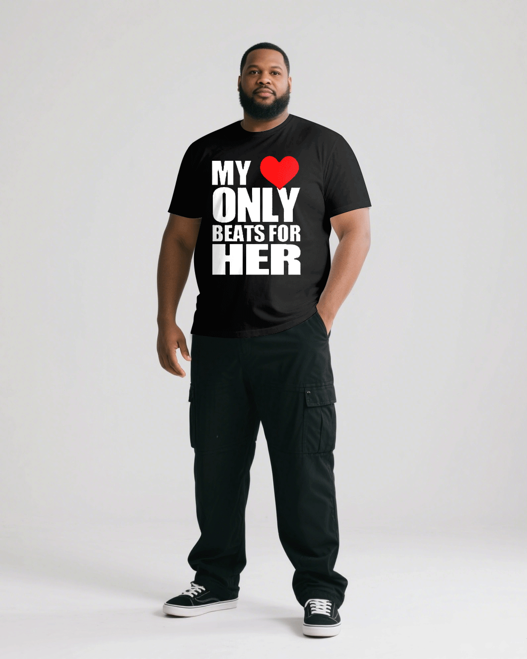 Big & Tall Men's Black Sweet Love Slogan Men's And Women's Crewneck Short-sleeved T-shirts & Overalls Pants Couple's Suit