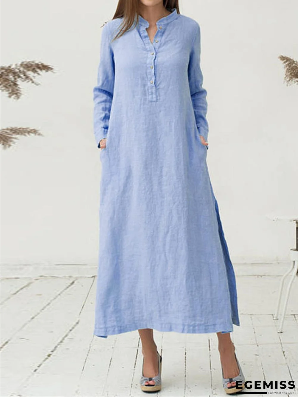 Casual Loose Retro Stand Collar Sexy Dress Long Sleeve Shirt Dress | EGEMISS