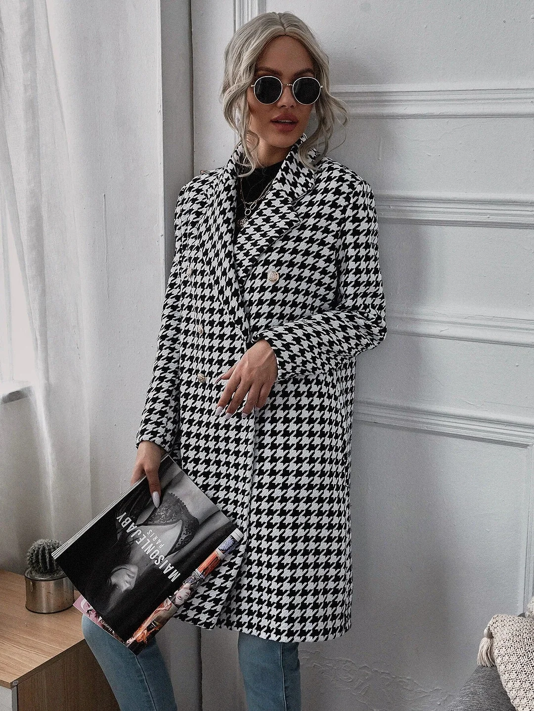Fashion Houndstooth Long Woolen Coat Woman | IFYHOME