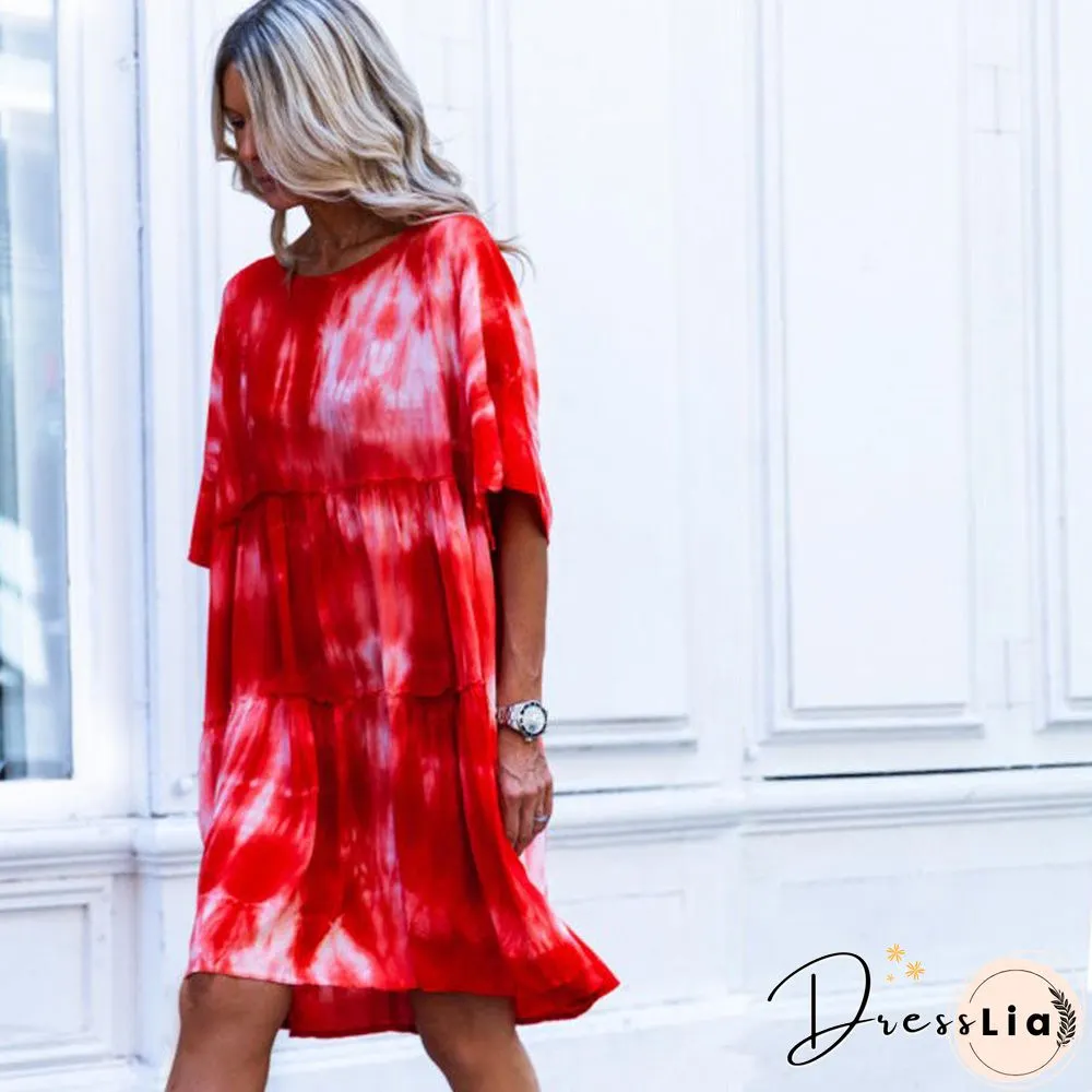 Off Shoulder Tie Dye Loose Casual Midi Dress