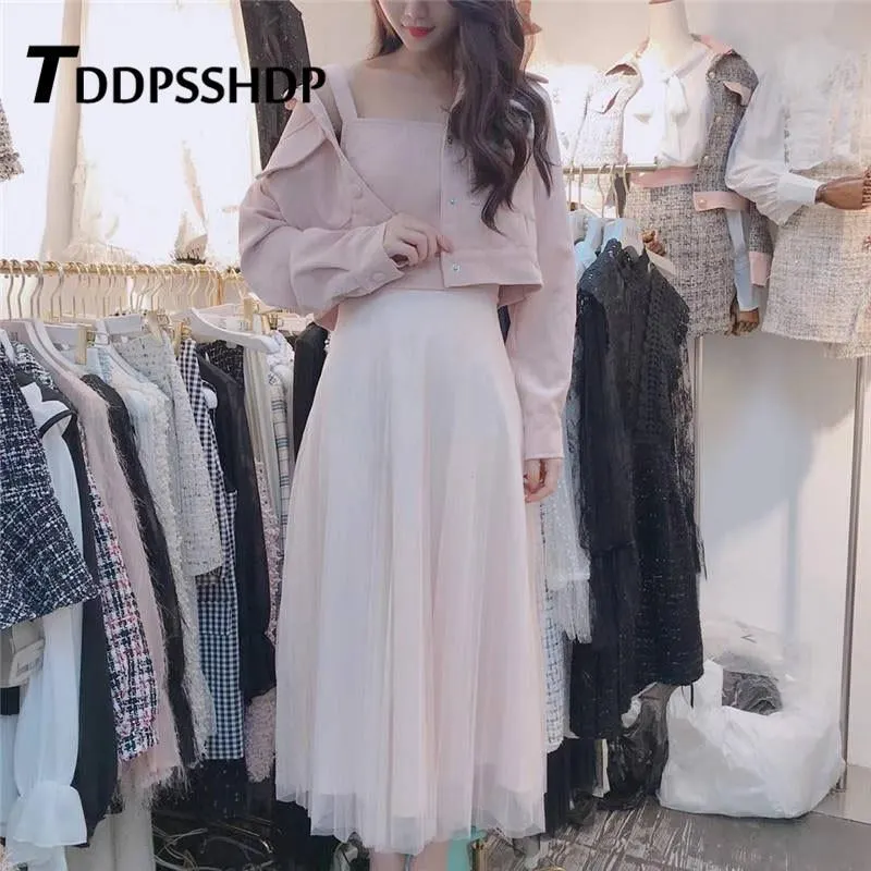 Fashion 2019 Women Dress with Out Wear Apricot Blue Pink Color Two Piece Suit Spring Female Dresses