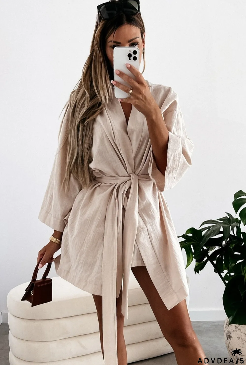 Autumn Khaki Holiday Long Sleeve Blouse Dress with Belt