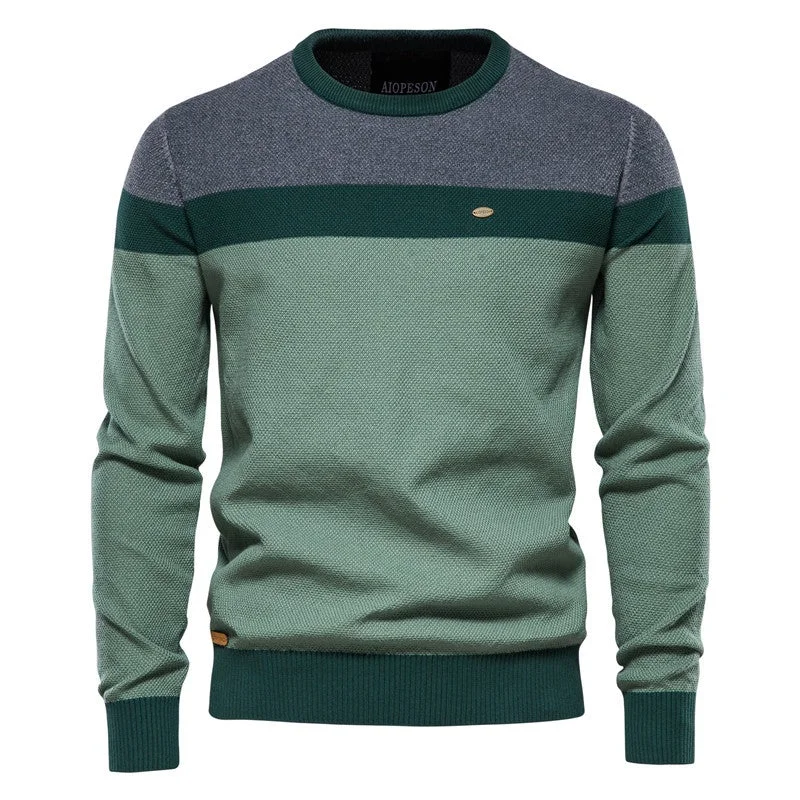 Men Striped Knit Sweater Casual Pullover Tri-Tone Jumper