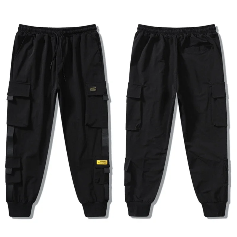 Muyogrt Women's Cargo Pants Black Ribbon Pocket Jogger Elastic Waist High Streetwear Harajuku Punk Females Trousers Harem Pants