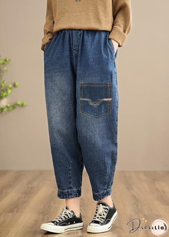 Handmade Spring Casual Pants Oversize Denim Blue-little flower Photography Elastic Waist Trousers