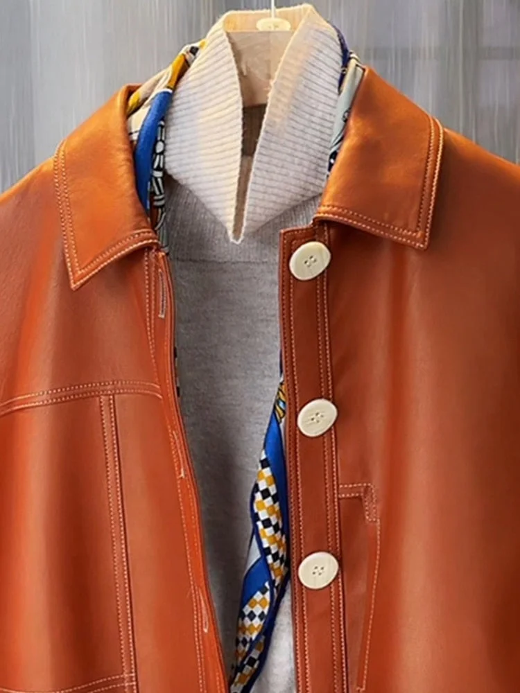Huiketi Spring Autumn Short Orange Black Loose Soft Faux Leather Jacket Women Buttons Runway Luxury Designer Clothes Fashion