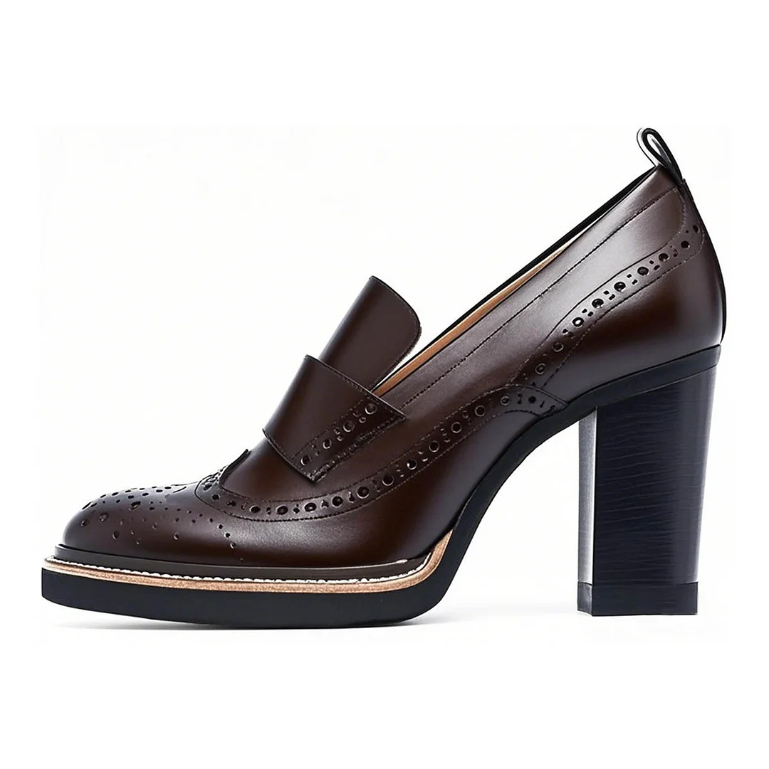 Dark Brown Vegan Leather Round Toe Loafer Heels with Perforated