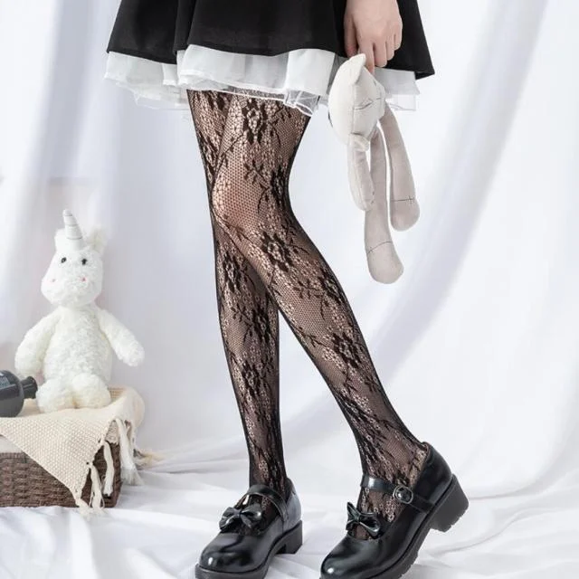 Black/White Gothic Lolita Grid Lace Bowknot Moon Stocking Tights BE471