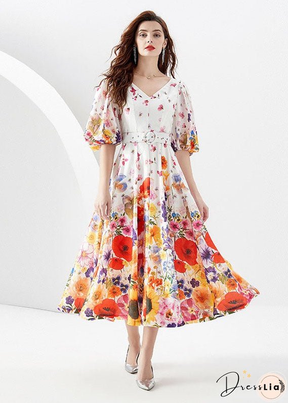 French White V Neck Print Sashes Patchwork Chiffon Dresses Lantern Sleeve