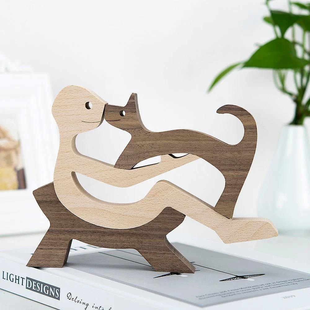 Family Puppy Wood Dog Craft Figurine Desktop Table Ornament Carving Model Creative Home Office Decoration Love Pet Sculpture