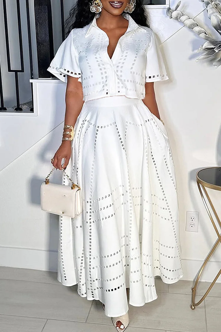 Plus Size Vacation White Shirt Collar Short Sleeve Cut Out Pocket Two Piece Skirt Sets