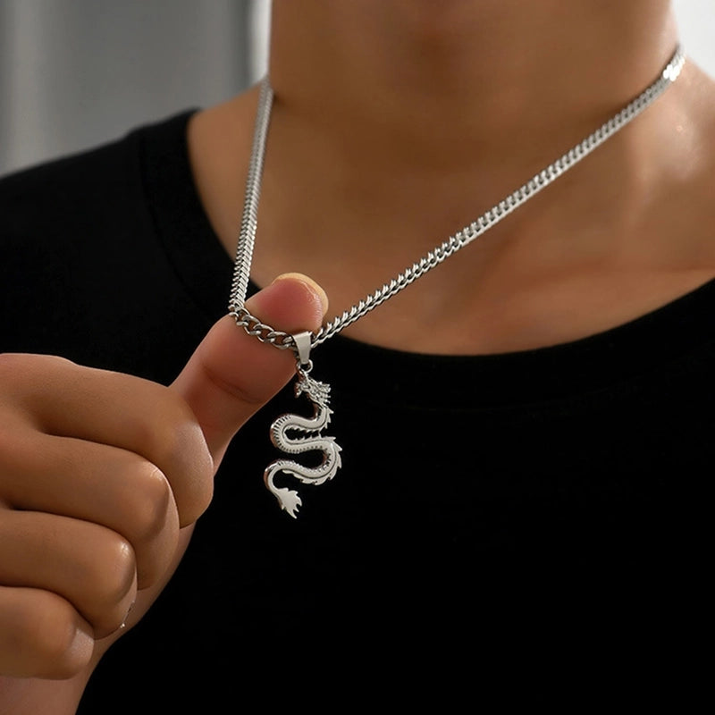 Stainless Steel Cuban Link Chain Alloy Dragon Pendant Necklace Steel Color Men's Necklace