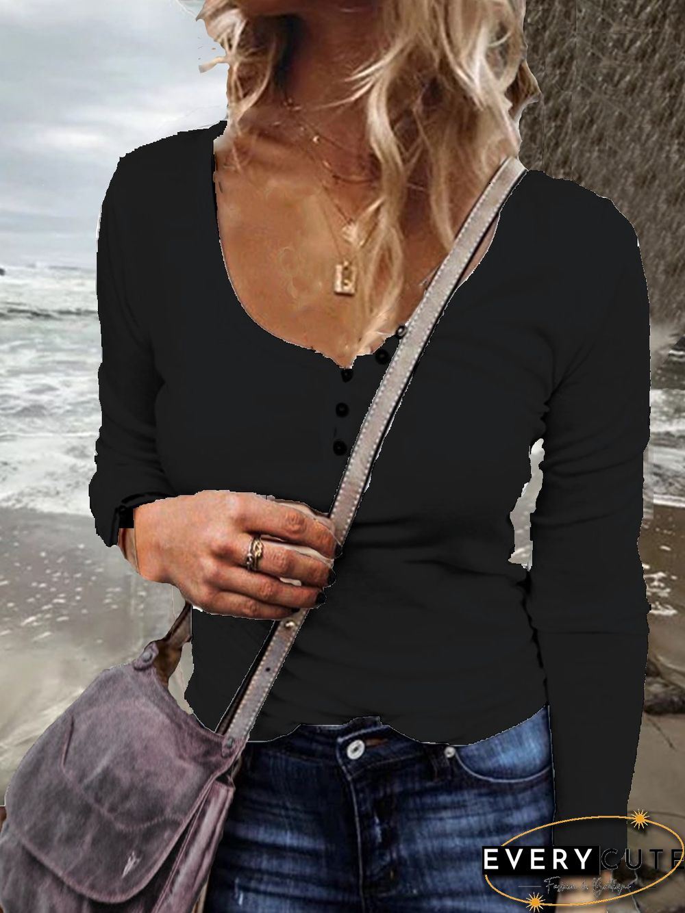 Casual Plus Size U-Neck Long Sleeve T Shirts Tee