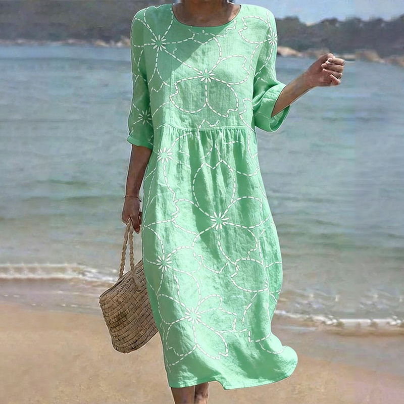 Women's Casual Round Neck Mid Sleeve Print Cotton And Linen Dress wearshes