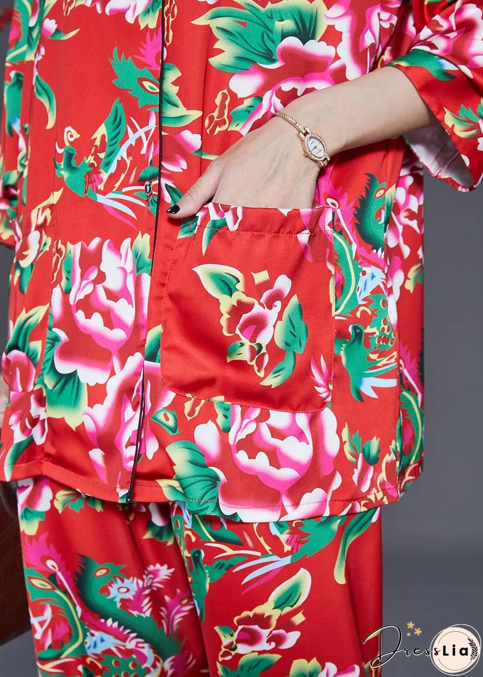 Vintage Red Peter Pan Collar Print Draping Silk Two Piece Set Fall