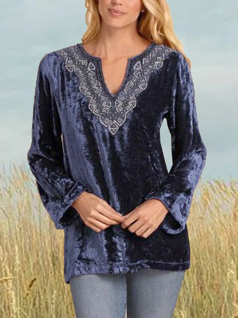 Women's Round Neck Velvet Balloon Sleeve Long Sleeve T-Shirt