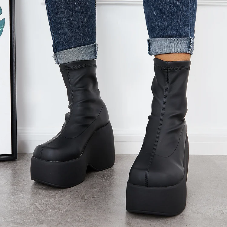 Stretchy Punk Platform Chunky Heel Booties Slip On Ankle Boots