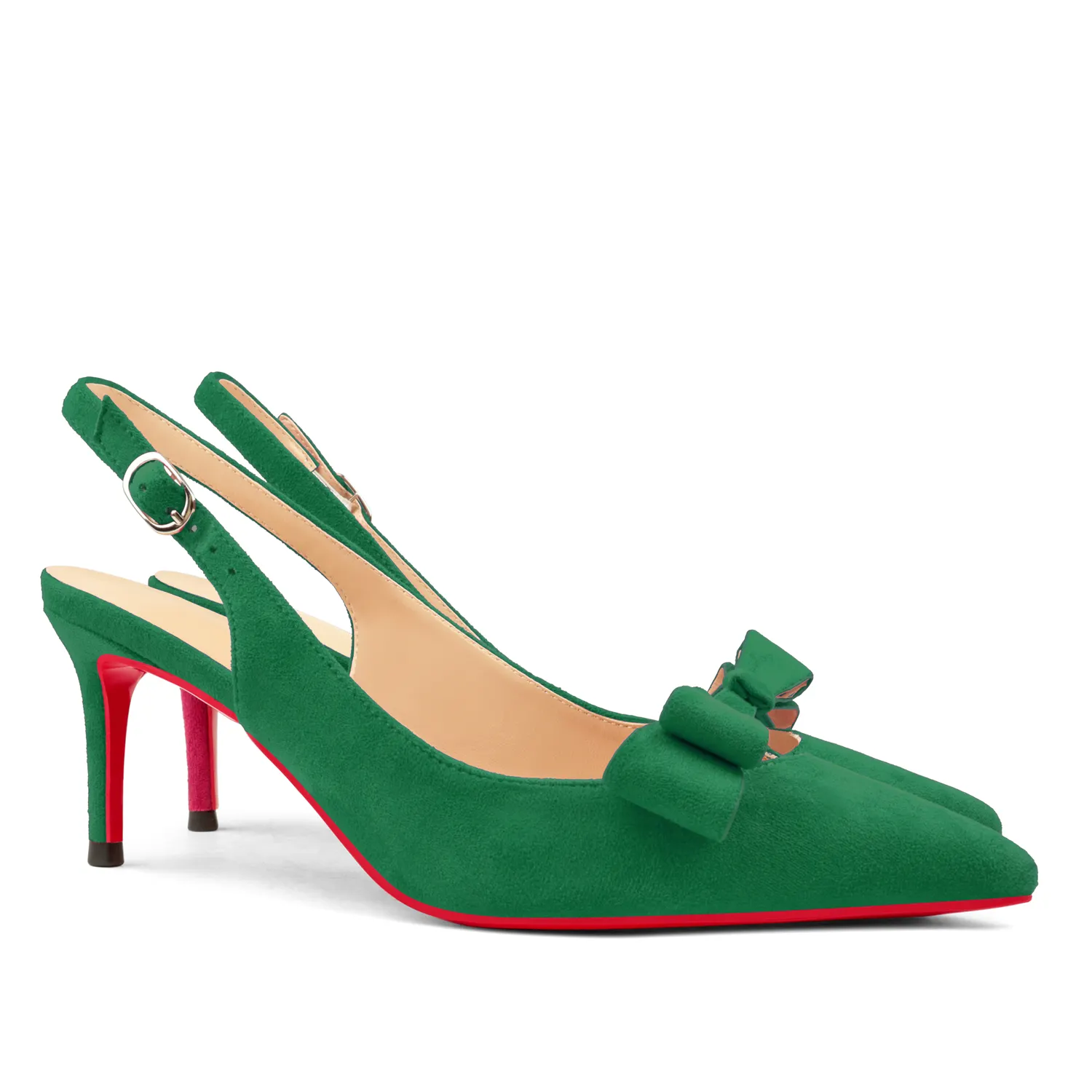 65mm Women's Pointed Toe With Bows Kitten Stillettos Slingback Red Bottoms Prom Suede Sandals-vocosishoes