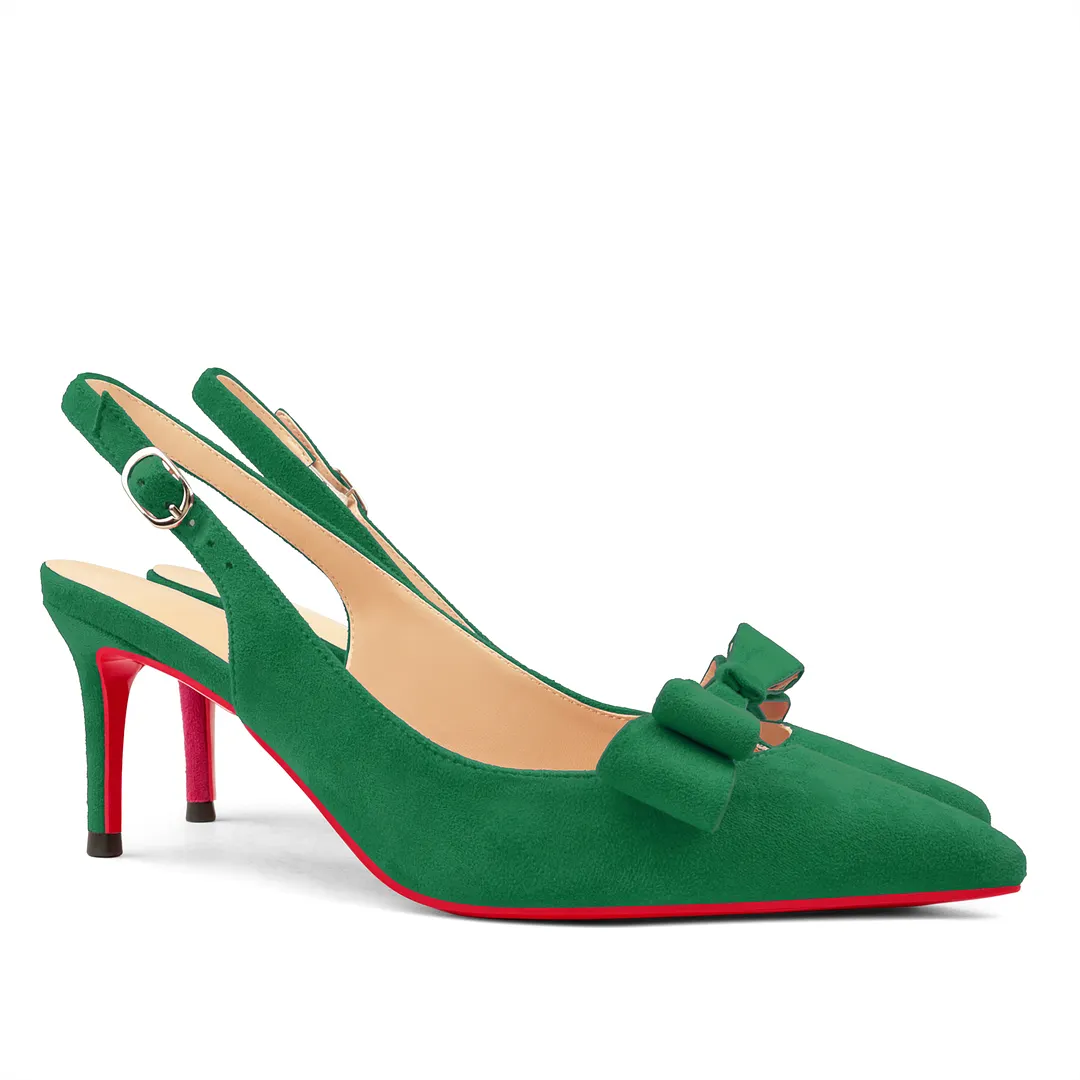 65mm Women's Pointed Toe With Bows Kitten Stillettos Slingback Red Bottoms Prom Suede Sandals-vocosishoes