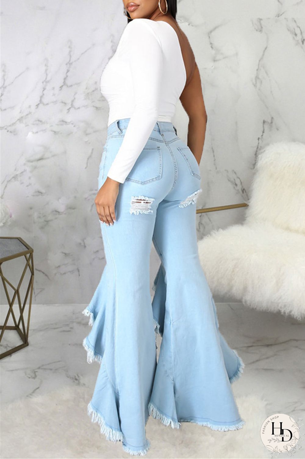 Baby Blue Fashion Casual Solid Ripped Asymmetrical High Waist Regular Jeans