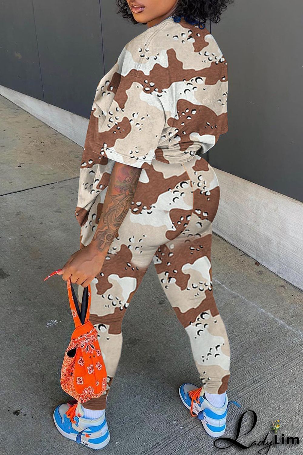 Light Brown Casual Print Camouflage Print Patchwork O Neck Short Sleeve Two Pieces