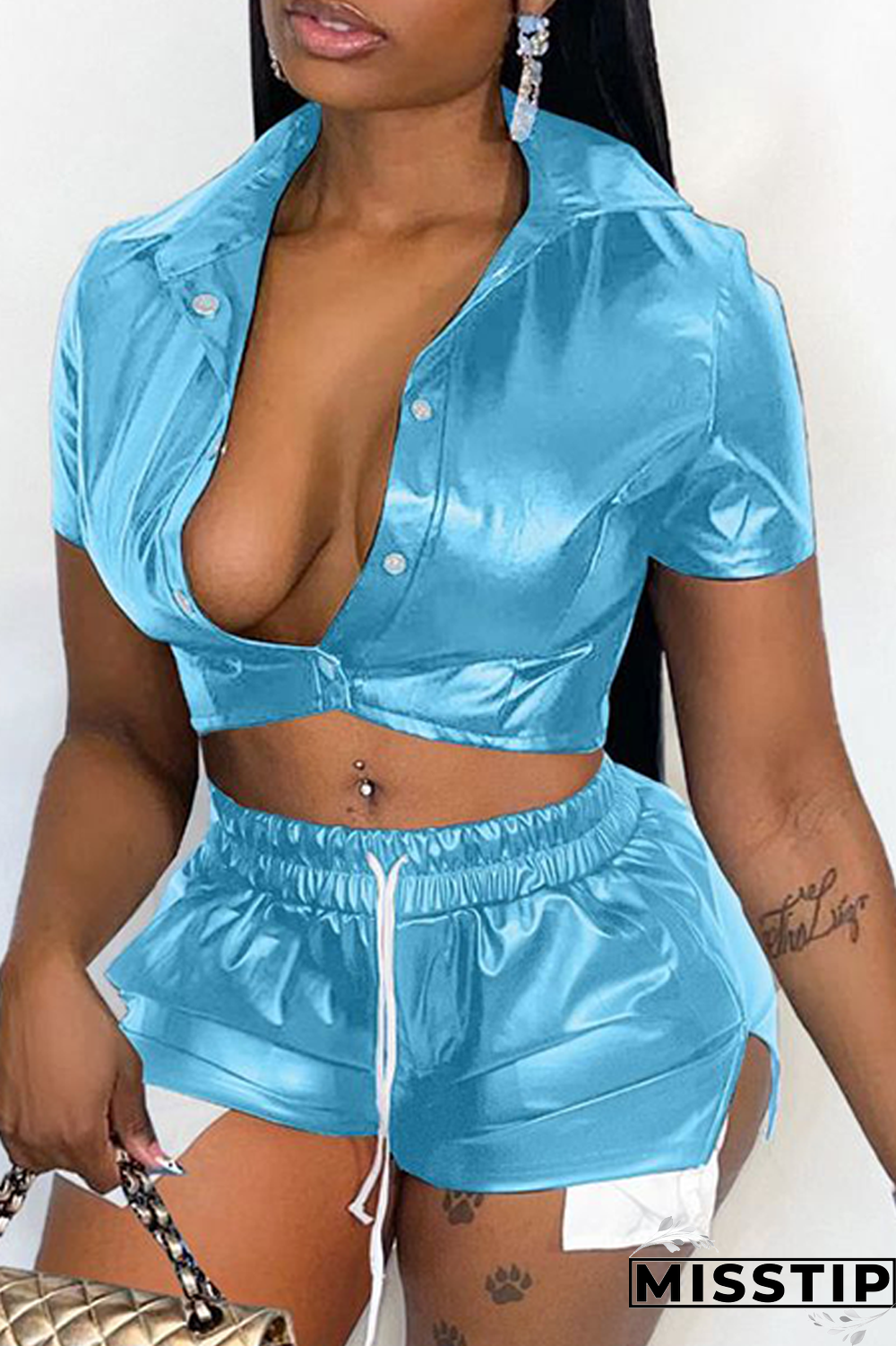 Blue Sexy Solid Draw String Turndown Collar Short Sleeve Two Pieces