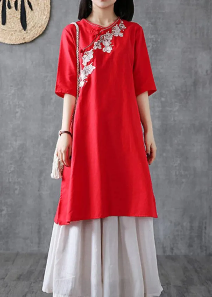 Chic red cotton dresses embroidery Chinese Button short  Dress