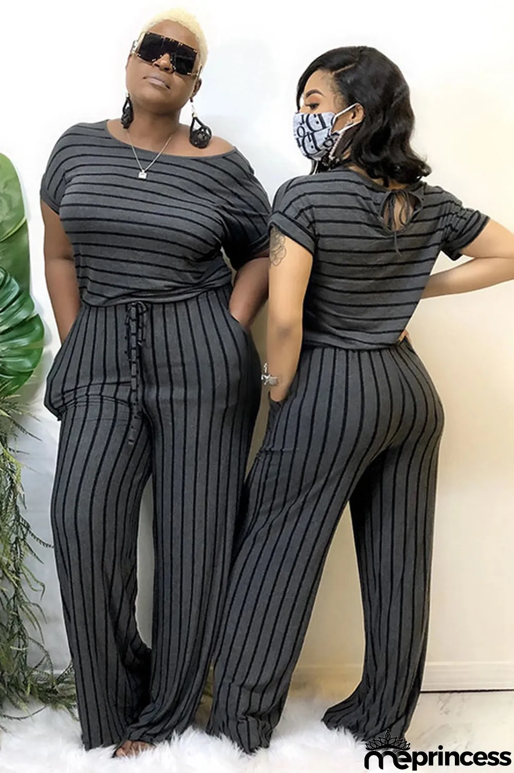 Grey Polyester Sexy Striped Print Stripe Plus Size