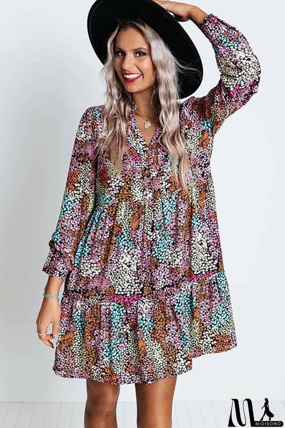 MidiSono - color Floral Print High Waist V Neck Shirt Dress