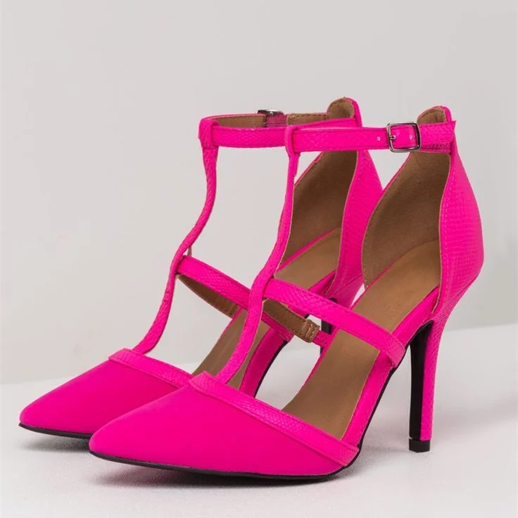 Fuchsia Pointy Toe Strappy Agraffe T-Strap Heels Vdcoo