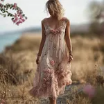 Vintage Boho Pink Roses Lace Flowy Linen Maxi Dress - Image 2