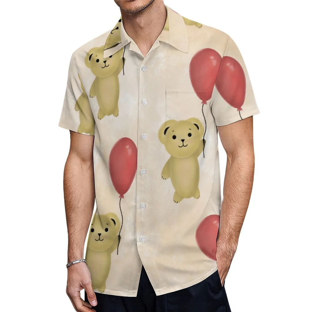 Brown Teddy Bears Floating With Balloons Hawaiian Shirt Mens Button Down Plus Size Tropical Hawaii Beach Shirts