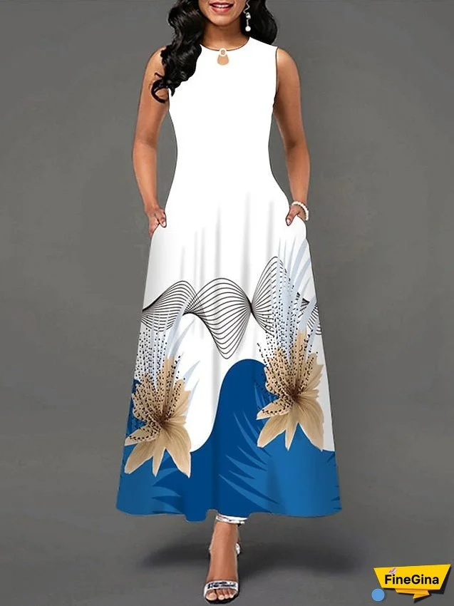 Work Dress Semi Formal Dress Elegant Maxi Dress Pocket Print Crew Neck Sleeveless Floral Regular Fit Black White Orange Summer Spring S M L XL XXL for Women