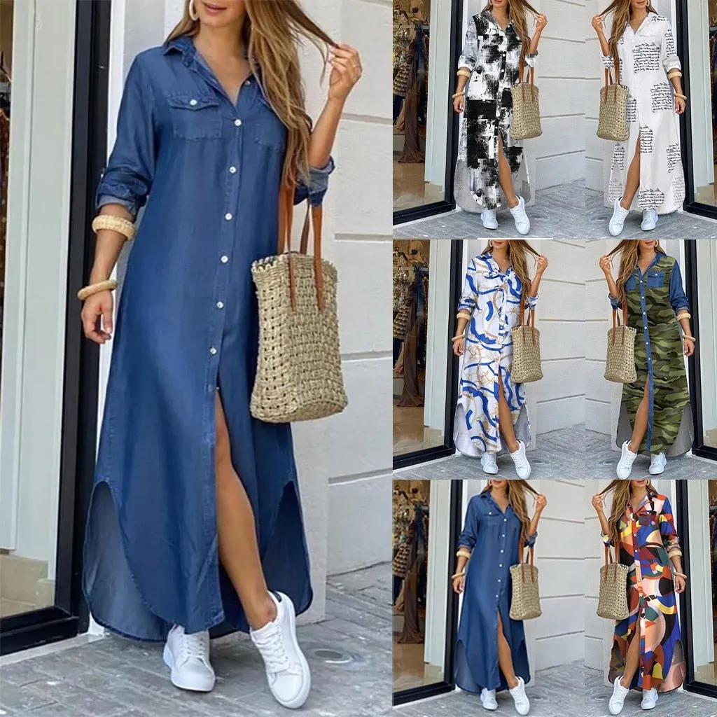 Autumn Long Dress Long Sleeve Shirt Dress Women Denim Long Dresses Pocket Button Shirt Print Dress Casual Loose Dresses 2021